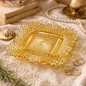 Vintage Amber Pressed Glass Square Dish – Diamond Cut Sawtooth Edge Trinket Bowl